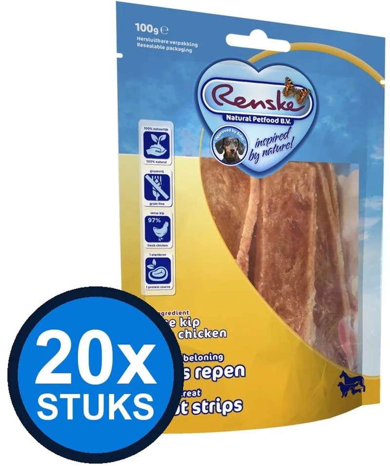 20x Renske - Gezonde beloning vleesrepen hond kip 100gr - Hondenvoer Snacks - 100 g by Renske – product photo