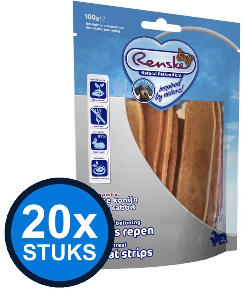 20x Renske - Gezonde beloning vleesrepen hond konijn 100gr - Hondenvoer Snacks - 100 g by Renske – product photo