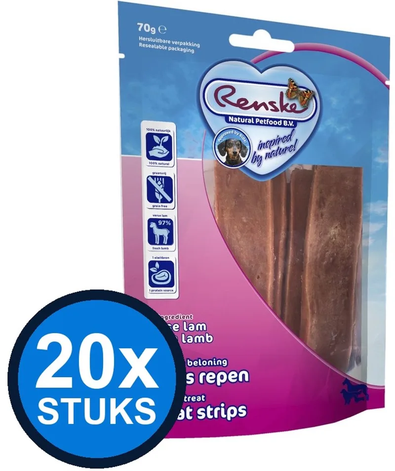 20x Renske - Gezonde beloning vleesrepen hond lam 70gr - Hondenvoer Snacks - 70 g van Renske – productfoto
