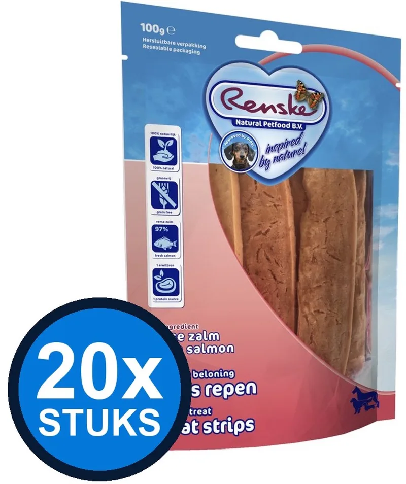 20x Renske - Gezonde beloning vleesrepen hond zalm 100gr - Hondenvoer Snacks - 100 g by Renske – product photo