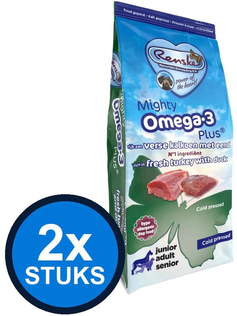 2x Renske - Mighty Omega-3 Plus kalkoen&eend koud geperst 3kg - Hondenvoer - 3 kg by Renske – product photo