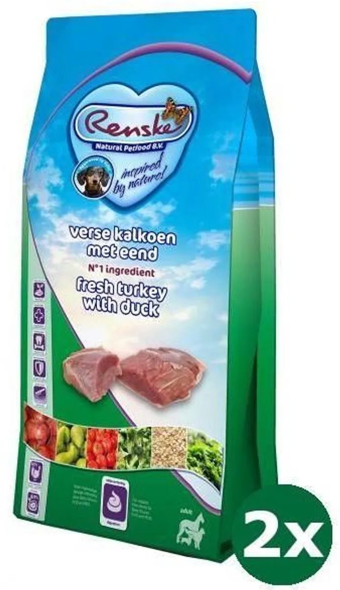 2x2 kg Renske super premium adult kalkoen / eend hondenvoer de Renske – photo produit