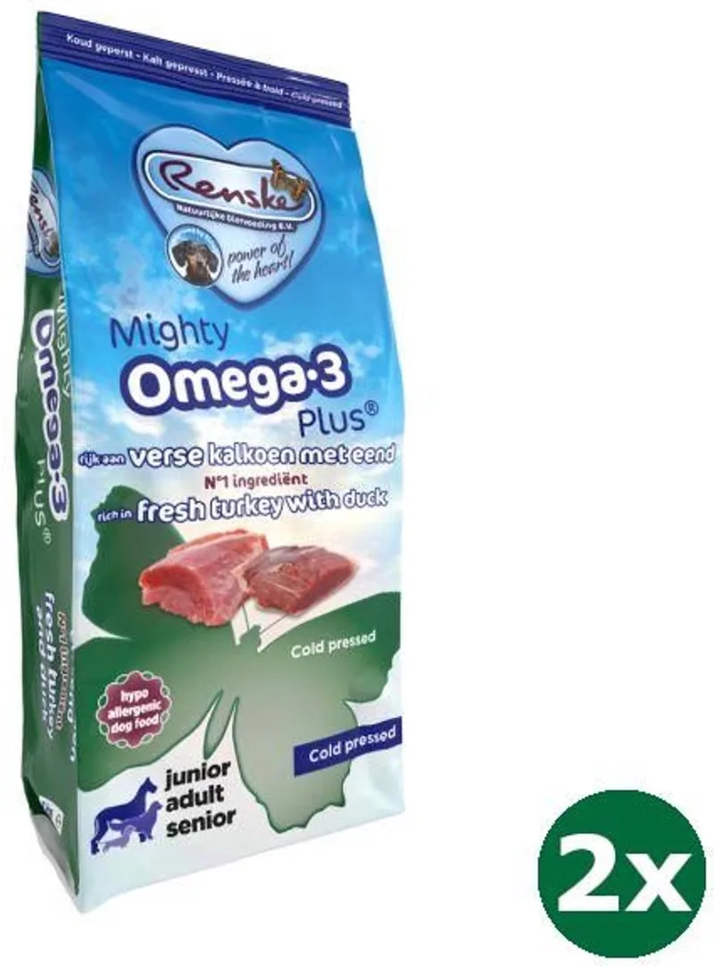 2x6,5 kg Renske mighty omega plus kalkoen / eend geperst hondenvoer de Renske – photo produit