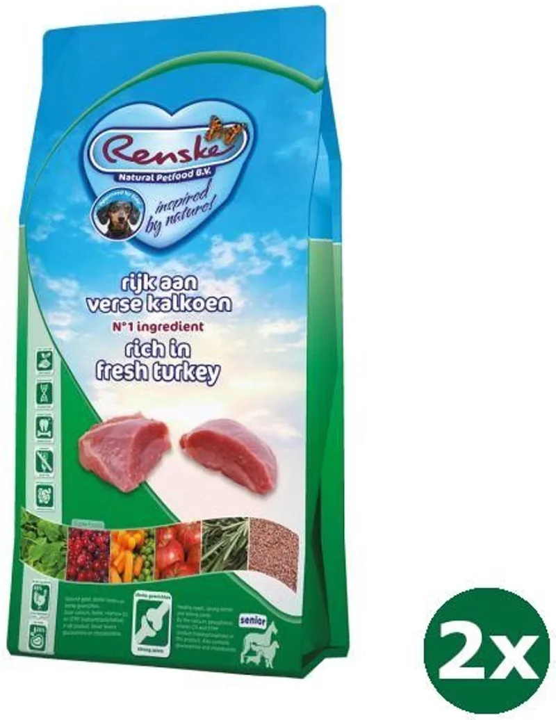 2x6,5 kg Renske super premium senior kalkoen graanvrij hondenvoer fra Renske – produktbillede