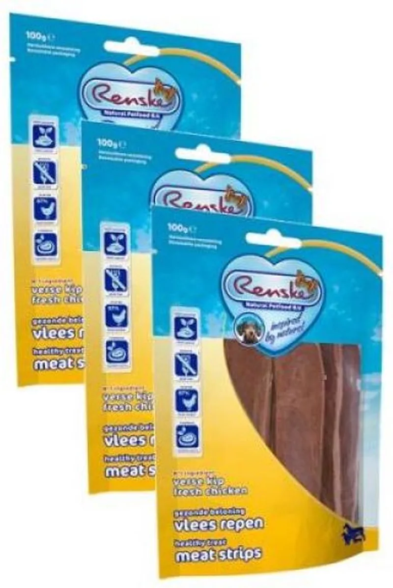 3x100 gr Renske gezonde beloning vlees strip kip hondensnack de Renske – photo produit