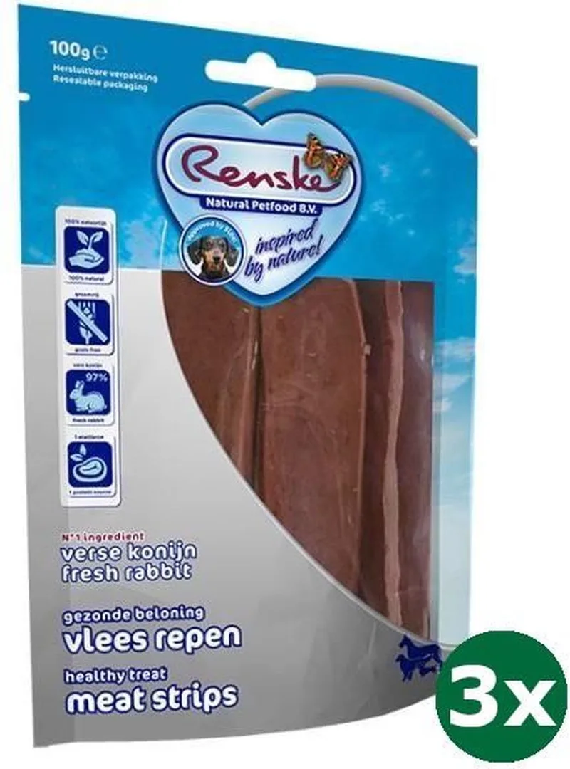 3x100 gr Renske gezonde beloning vlees strip konijn hondensnack fra Renske – produktbillede