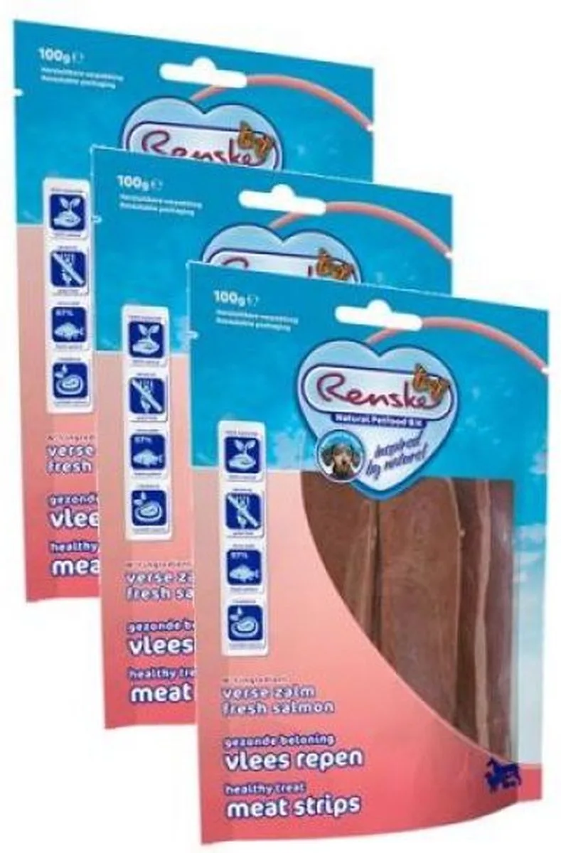 3x100 gr Renske gezonde beloning vlees strip zalm hondensnack by Renske – product photo