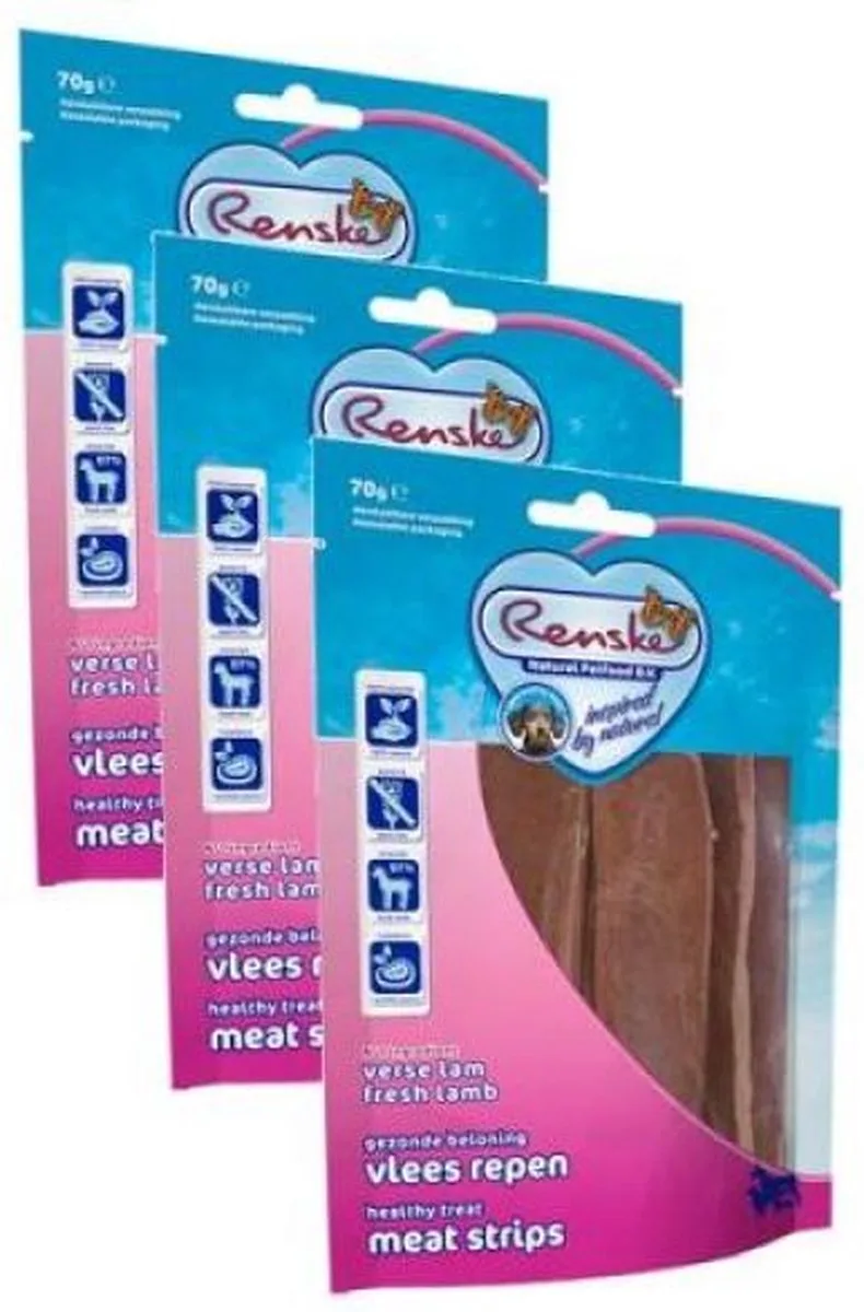 3x70 gr Renske gezonde beloning vlees strip lam hondensnack de Renske – photo produit