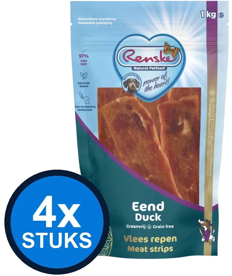 4x Renske - Gezonde beloning vlees strip eend 1kg - Hondenvoer Snacks - 1 kg by Renske – product photo