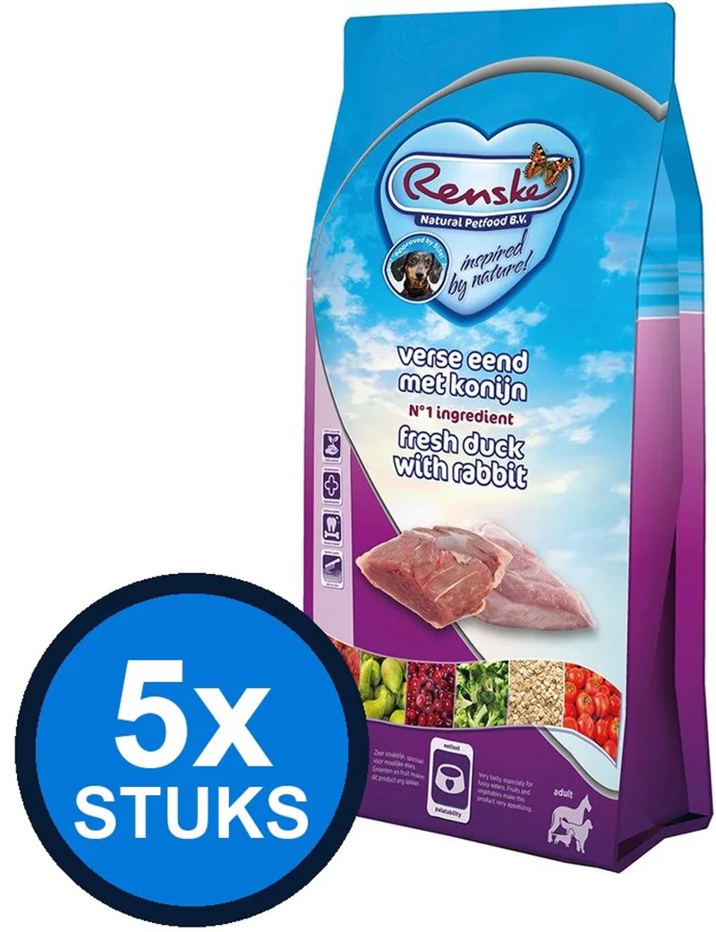 5x Renske - Super Premium droog hond adult eend&konijn 600gr - Hondenvoer - 600 g de Renske – photo produit