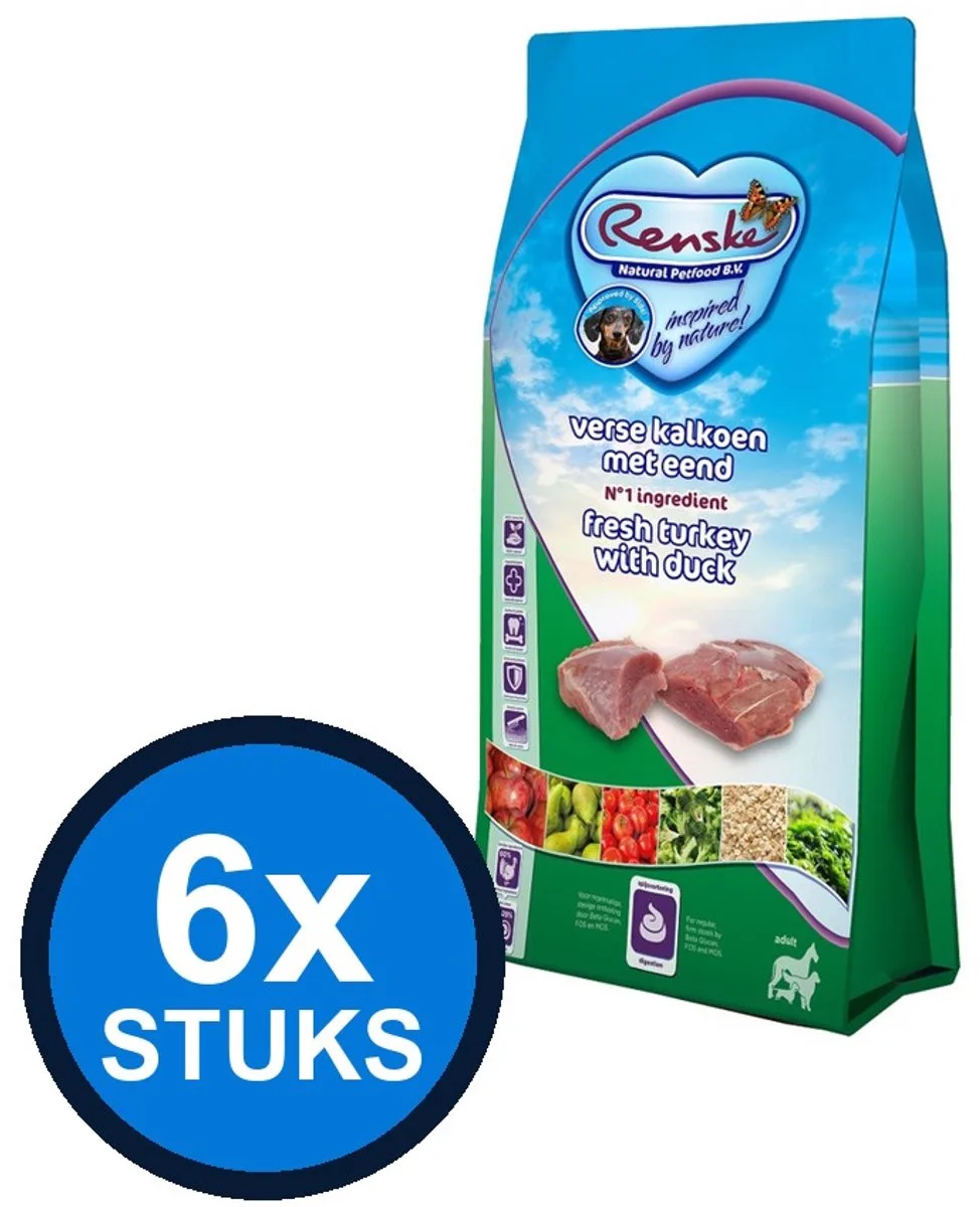 6x Renske Super Premium droog hond adult kalkoen&eend 600gr van Renske – productfoto
