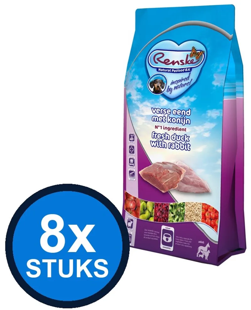 8x Renske Super Premium Hond Adult Verse Eend & Konijn - Hondenbrokken - 600g von Renske – Produktfoto
