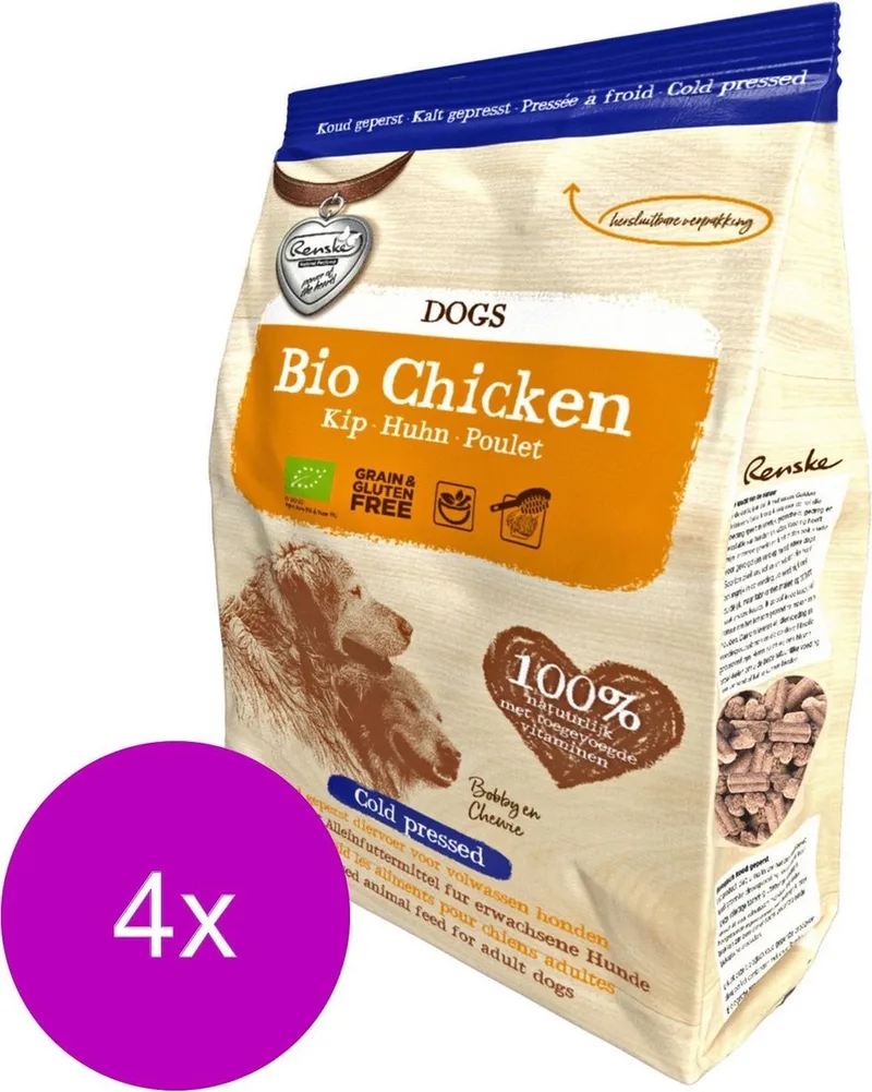 Bio Koudgeperst Kip - Hondenvoer - 4 x 300 g by Renske – product photo