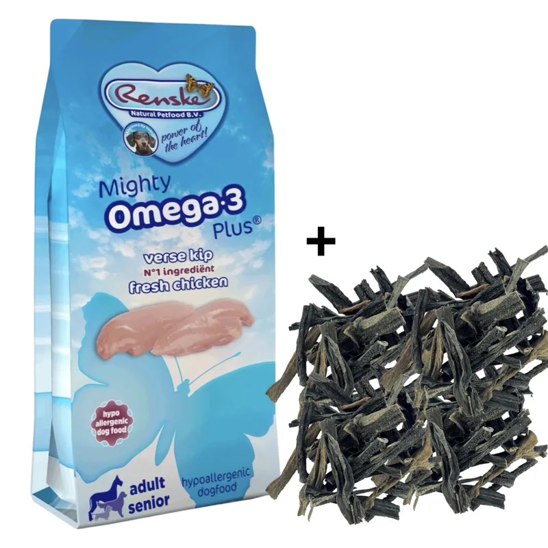 Combideal Renske Mighty Omega Plus - Hondenvoer - Kip 12 kg + Pawty Pens Gezonde Hondensnack Voordeelverpakking (1 KG) by Renske – product photo