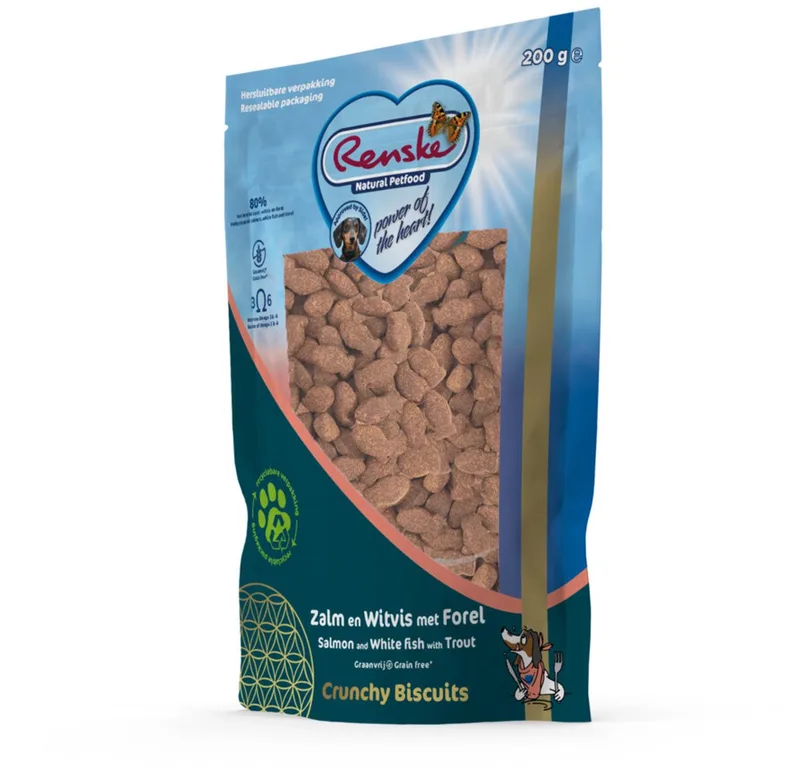 Gezonde Beloning Crunchy Hondensnack Zalm & Witvis & Forel - 6 x 200 gr - Voordeelverpakking by Renske – product photo