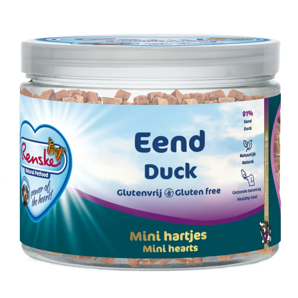 Gezonde Beloning Hartjes Hondensnack Eend 100 gr van Renske – productfoto