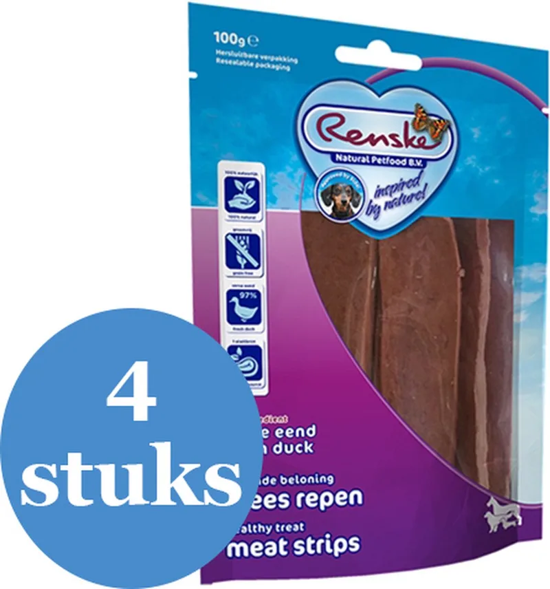 Gezonde Beloning Vlees Strip Eend Hondensnack - 4 x 100 g von Renske – Produktfoto