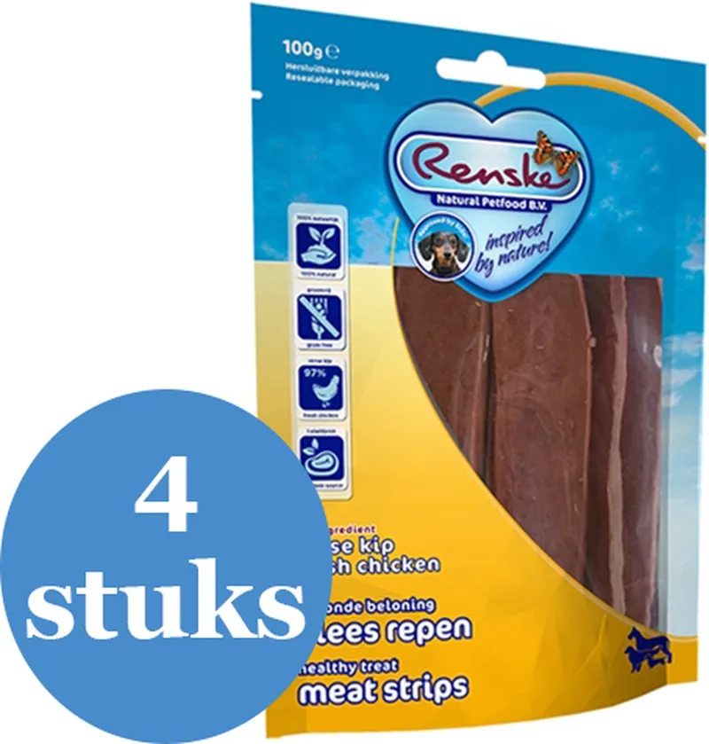 Gezonde Beloning Vlees Strip Kip Hondensnack - 4 x 100 g de Renske – photo produit
