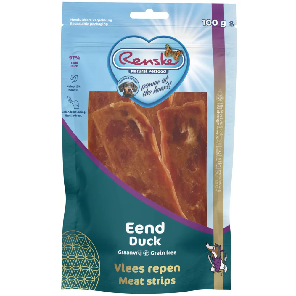 Gezonde Beloning Vleesrepen Hondensnack Eend 100 gr van Renske – productfoto