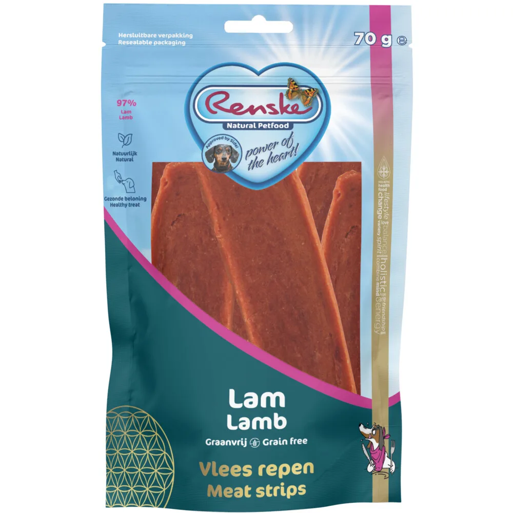 Gezonde Beloning Vleesrepen Hondensnack Lam 70 gr by Renske – product photo