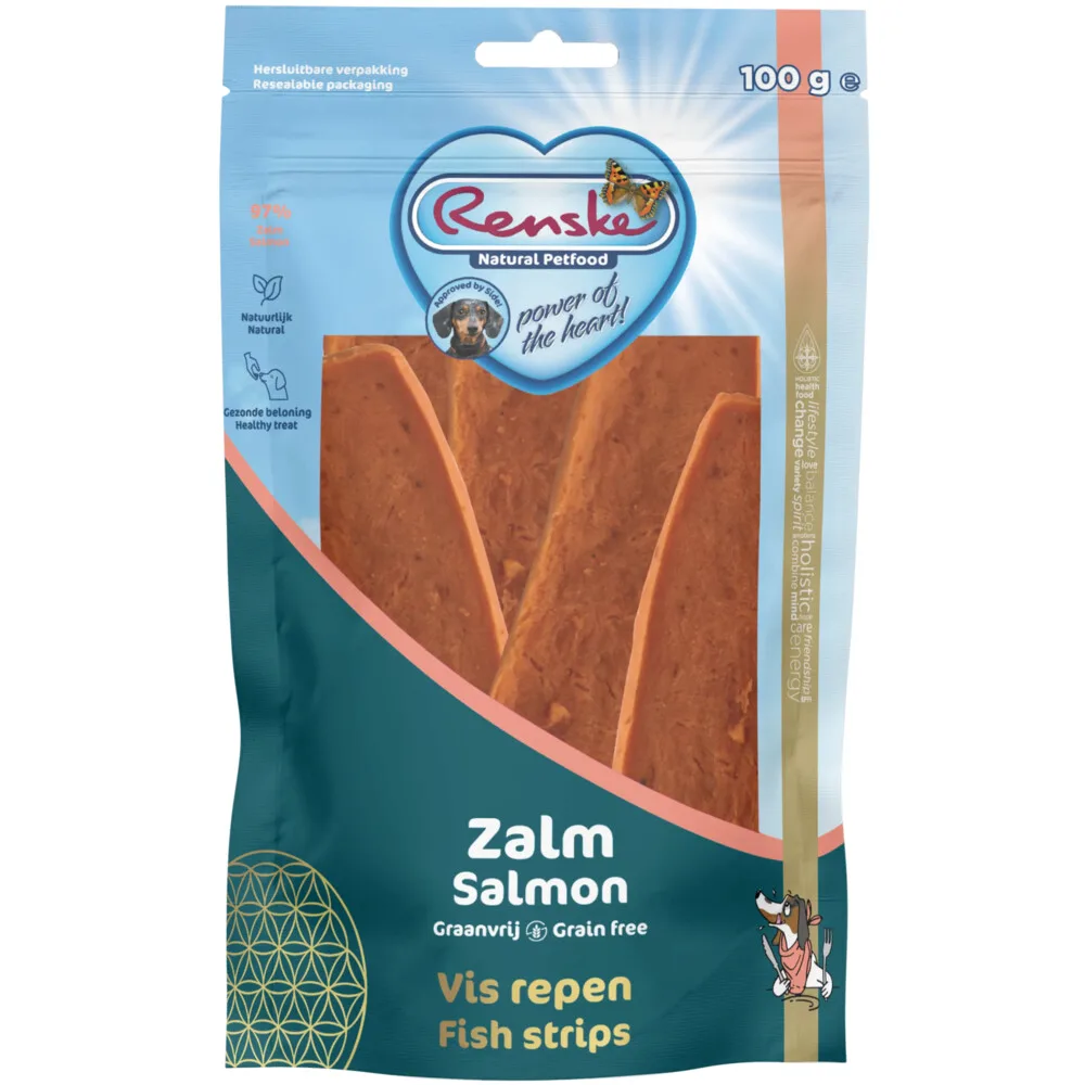 Gezonde Beloning Vleesrepen Hondensnack Zalm 100 gr by Renske – product photo
