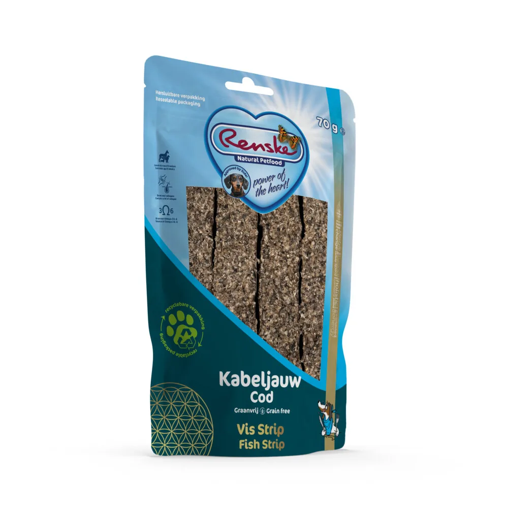 Gezonde Beloning Vleesstrips Hondensnack Kabeljauw 70 gr by Renske – product photo