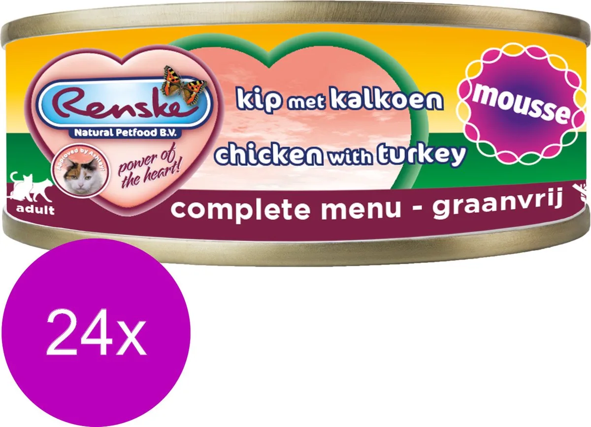 Kat Mousse - Graanvrij Kip en Kalkoen - 24x70g Natvoeding från Renske – produktbild