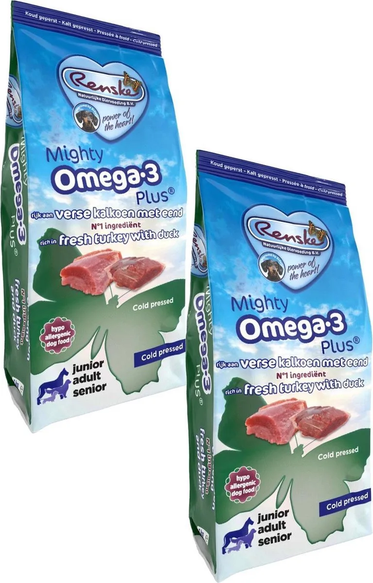 Mighty Omega Plus Adult Geperst Kalkoen&Eend - Hondenvoer - 2 x 3 kg von Renske – Produktfoto