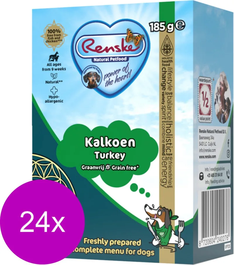 Natvoer Honden - Kalkoen Graanvrij - 24 x 185 gr, Hypoallergeen, Glutenvrij de Renske – photo produit
