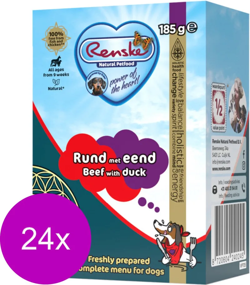 Natvoer Honden - Rund Eend - Hypoallergeen, Glutenvrij, 24 x 185 gr von Renske – Produktfoto