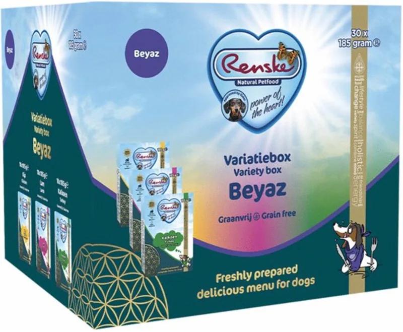 Variatiebox Beyaz - Hondenvoer - Kip Lam Kalkoen 30x185 g Graanvrij de Renske – photo produit