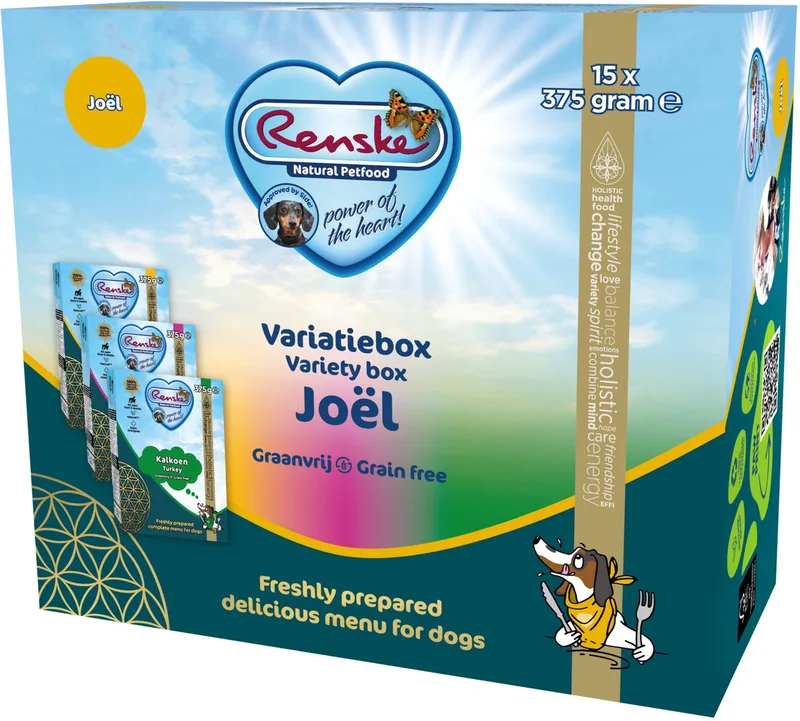Variatiebox Joël - Hondenvoer - Kip Lam Kalkoen 15x375 g Graanvrij by Renske – product photo