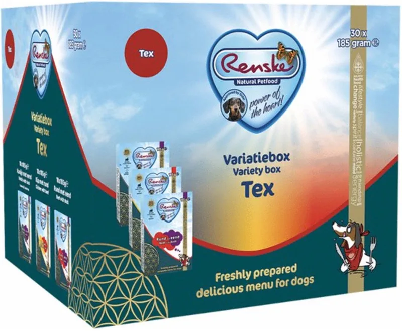 Variatiebox Tex - Hondenvoer - Eend Kip Rund 30x185 g Glutenvrij by Renske – product photo