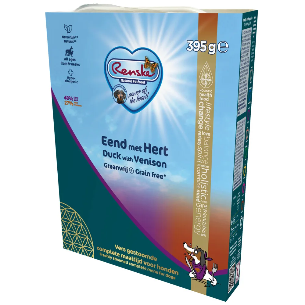 Vers Gestoomd Complete Menu Hondenvoer Nat Eend & Hert Graanvrij 395 gr by Renske – product photo