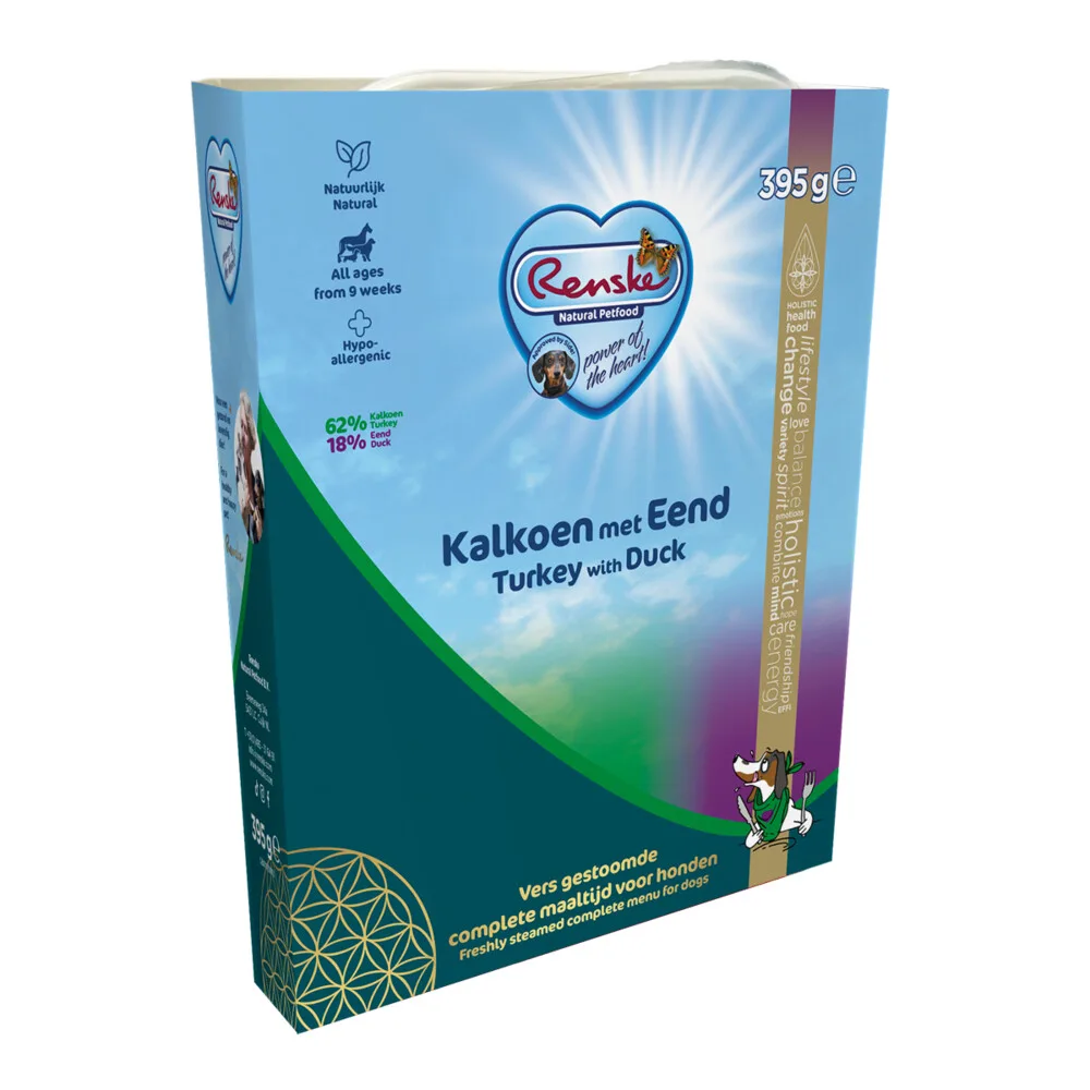 Vers Gestoomd Complete Menu Hondenvoer Nat Kalkoen - Eend 395 gr van Renske – productfoto