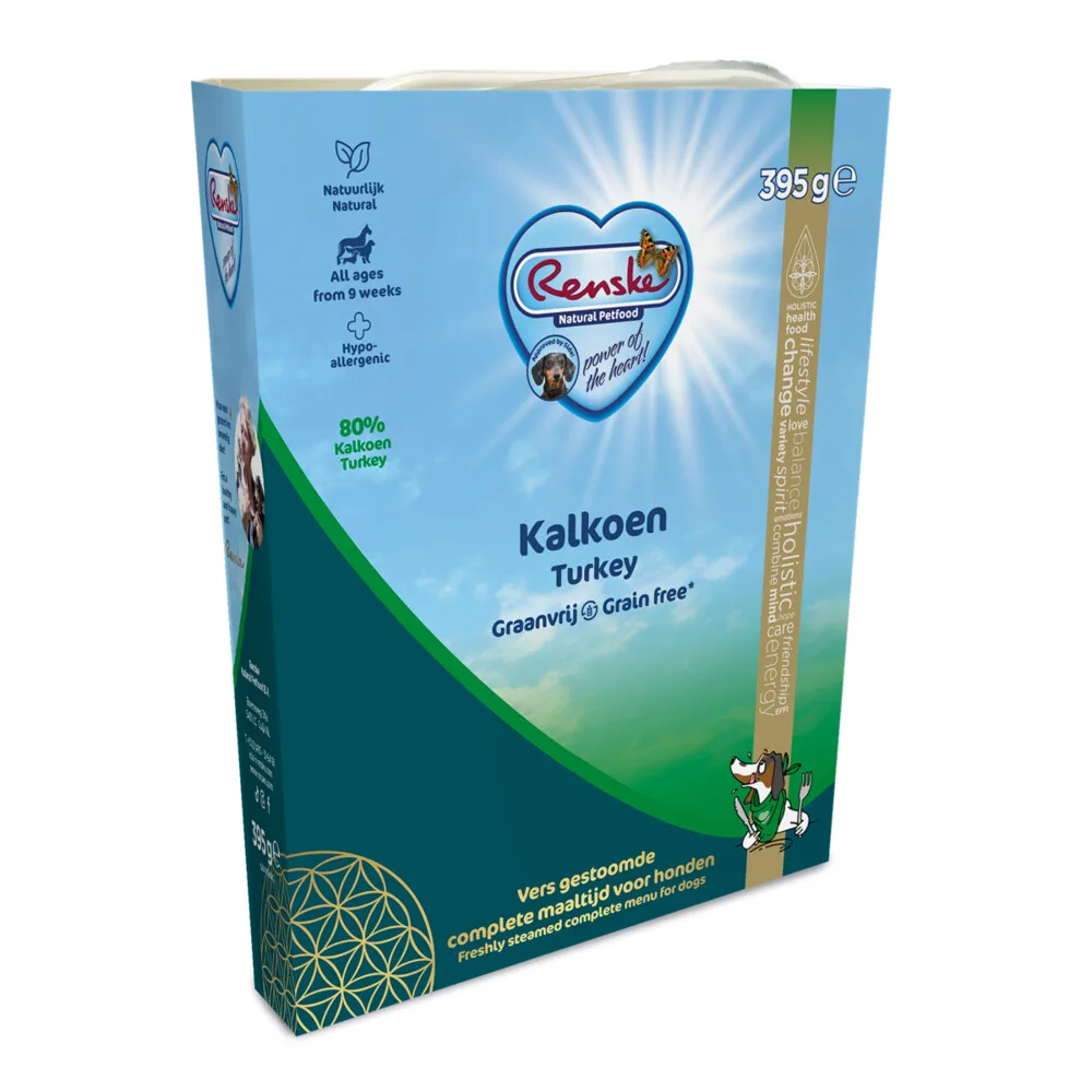 Vers Gestoomd Complete Menu Hondenvoer Nat Kalkoen Graanvrij 395 gr van Renske – productfoto