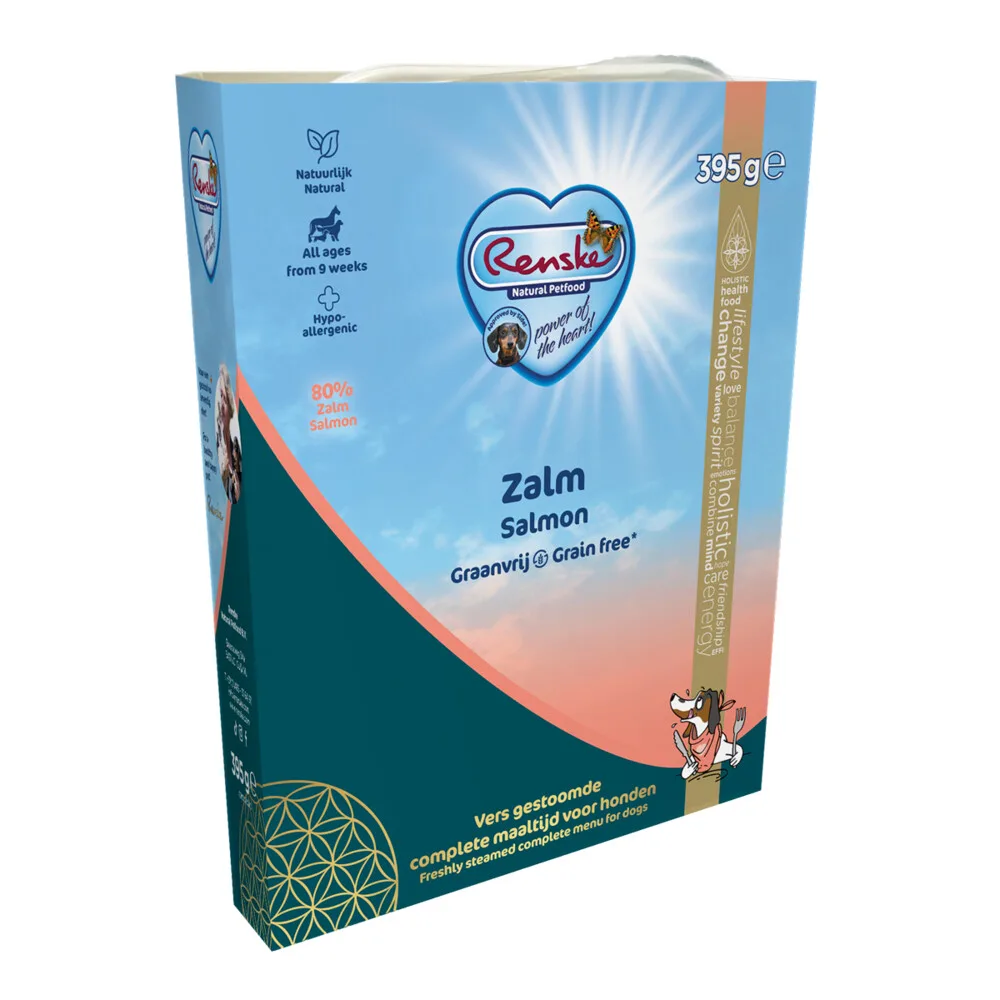 Vers Gestoomd Complete Menu Hondenvoer Nat Zalm Graanvrij 395 gr van Renske – productfoto