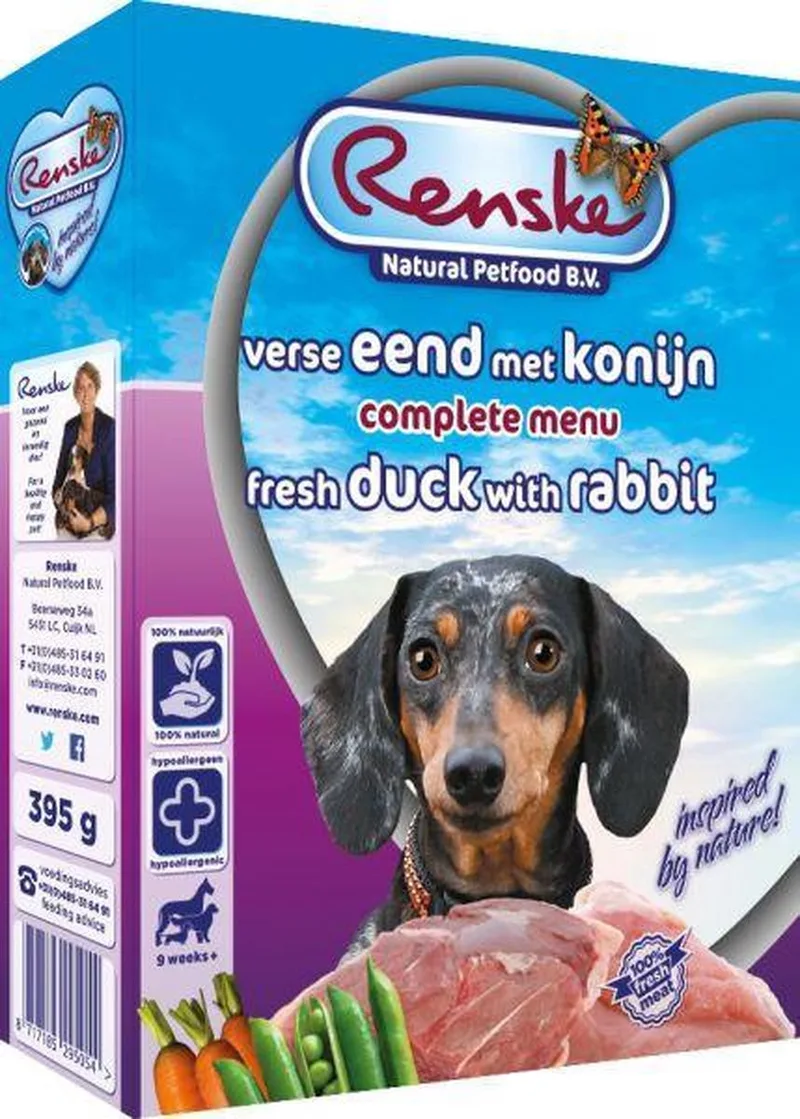 Vers Vlees - Eend/Konijn - Hondenvoer - 10 Kuipjes x 395 g von Renske – Produktfoto
