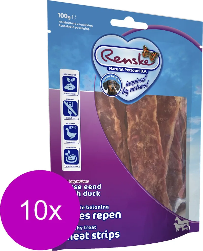 Vleesrepen 100 g - Hondensnacks - 10 x Eend&Groente by Renske – product photo