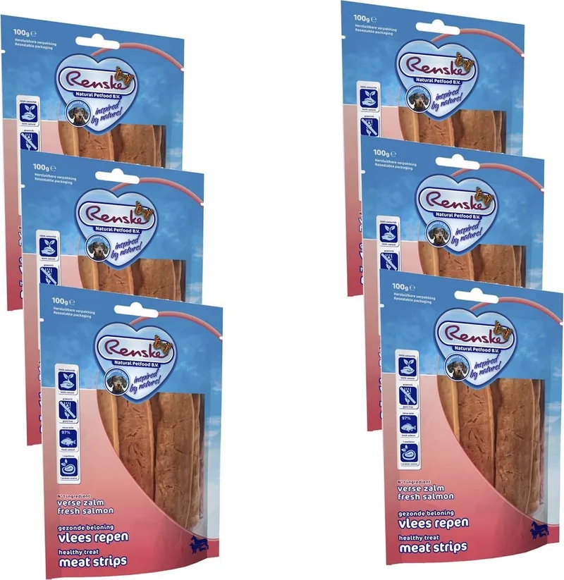 Vleesrepen 100 g - Hondensnacks - 6 x Zalm&Groente von Renske – Produktfoto