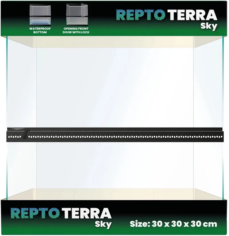 Glazen terrarium 30x30x30 cm met gaasdeksel | waterdichte bodem | frontdeuren met slot by Repto in Transparent – product photo