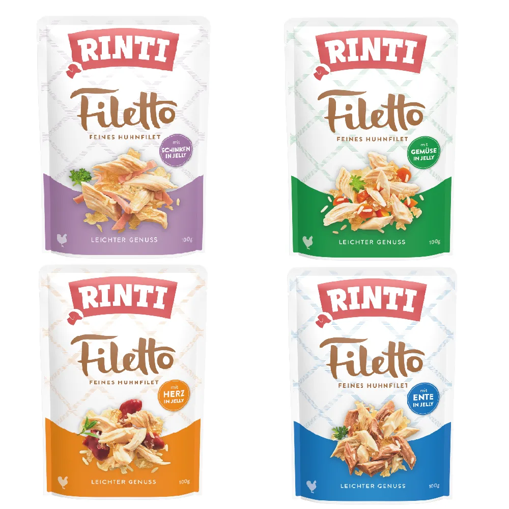 8x100g RINTI Filetto Pouch in Jelly Mix (4 smaken) nat hondenvoer fra Rinti – produktbillede