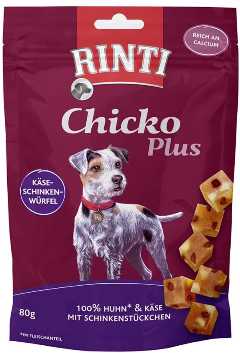 Chicko Plus Snack 12x80g - Kaas-hamblokjes met kip by Rinti – product photo