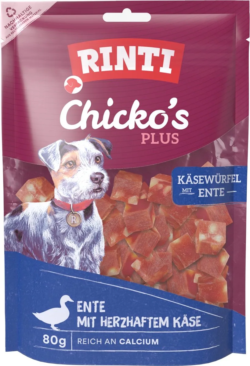 Chicko Plus Snack 12x80g - Kaasblokjes met eend by Rinti – product photo
