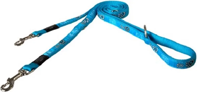Fancy Dress Multi Lead 3-Voudig Verstelbare Hondenlijn (HLM12-CG) - Nylon -Turq Paw - M - Breedte 16 mm - Lengte 180 cm by Rogz in Turquoise – product photo