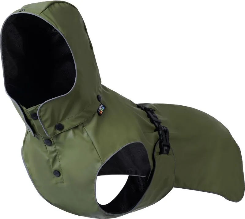 Streamy ECO Raincoat - Trendy hondenregenjas - Gerecycled materiaal - Opening voor riem of harnas - Afneembare capuchon - In 9 maten - Kleur: Olijf, Maat: Maat 25 de Rukka Pets en Olijfgroen – photo produit