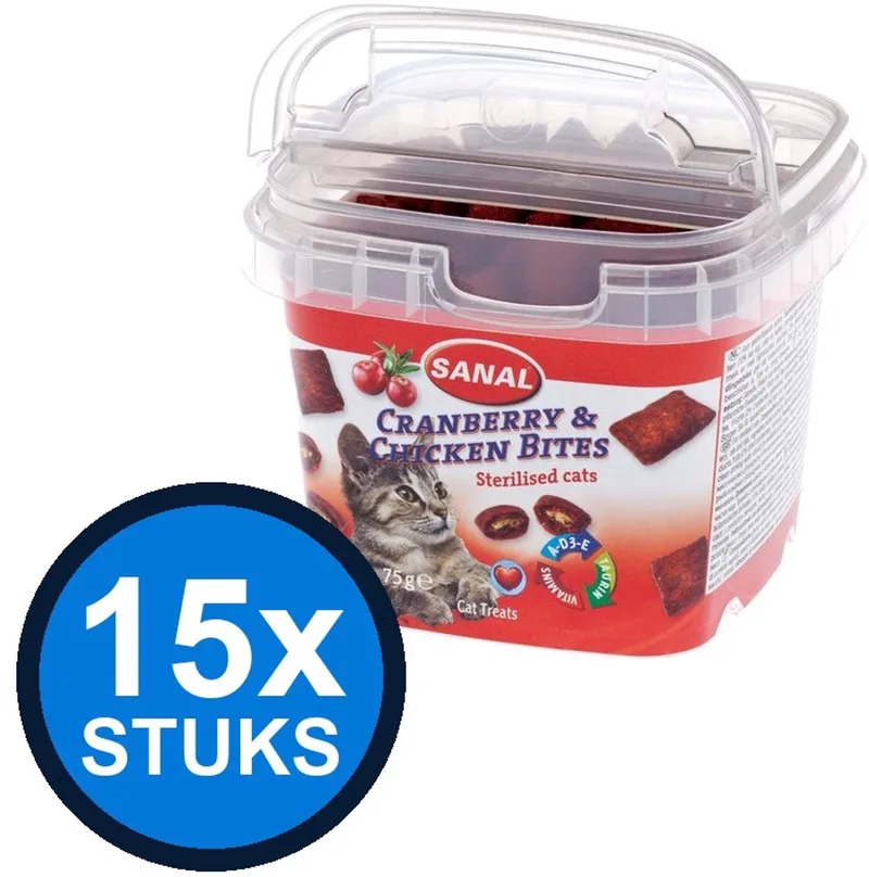 15x Sanal Cranberry & Chicken Bites Cup - Kattensnack - 75g de Sanal – photo produit