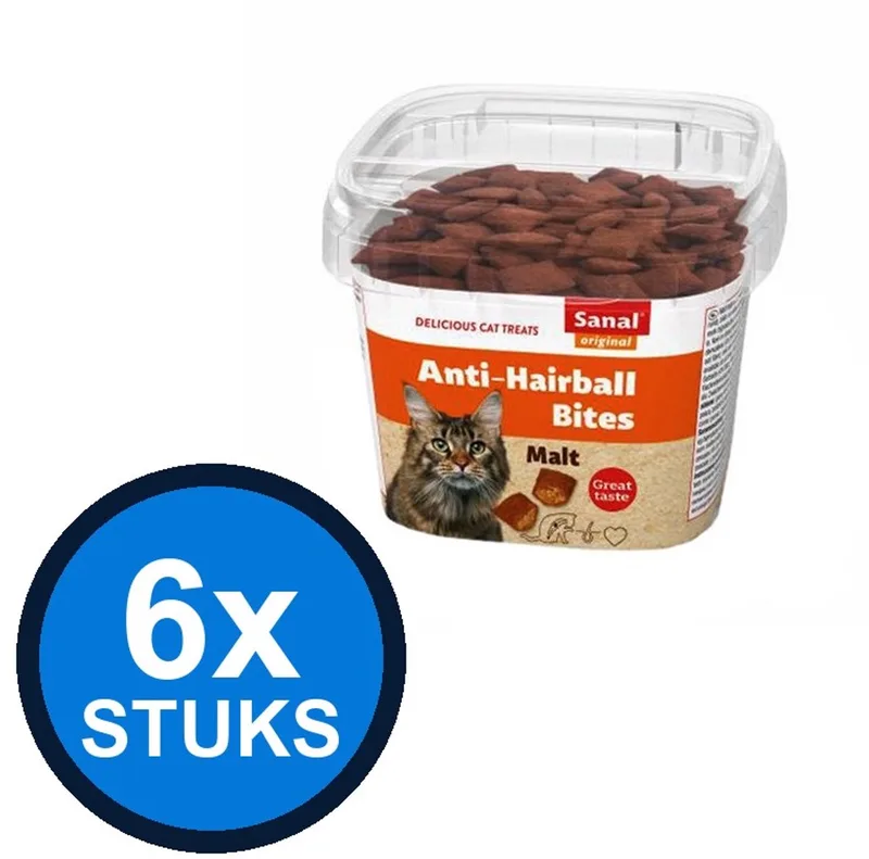 6x Sanal Anti-Hairball Bites Cup - Kattensnack - 75g by Sanal – product photo