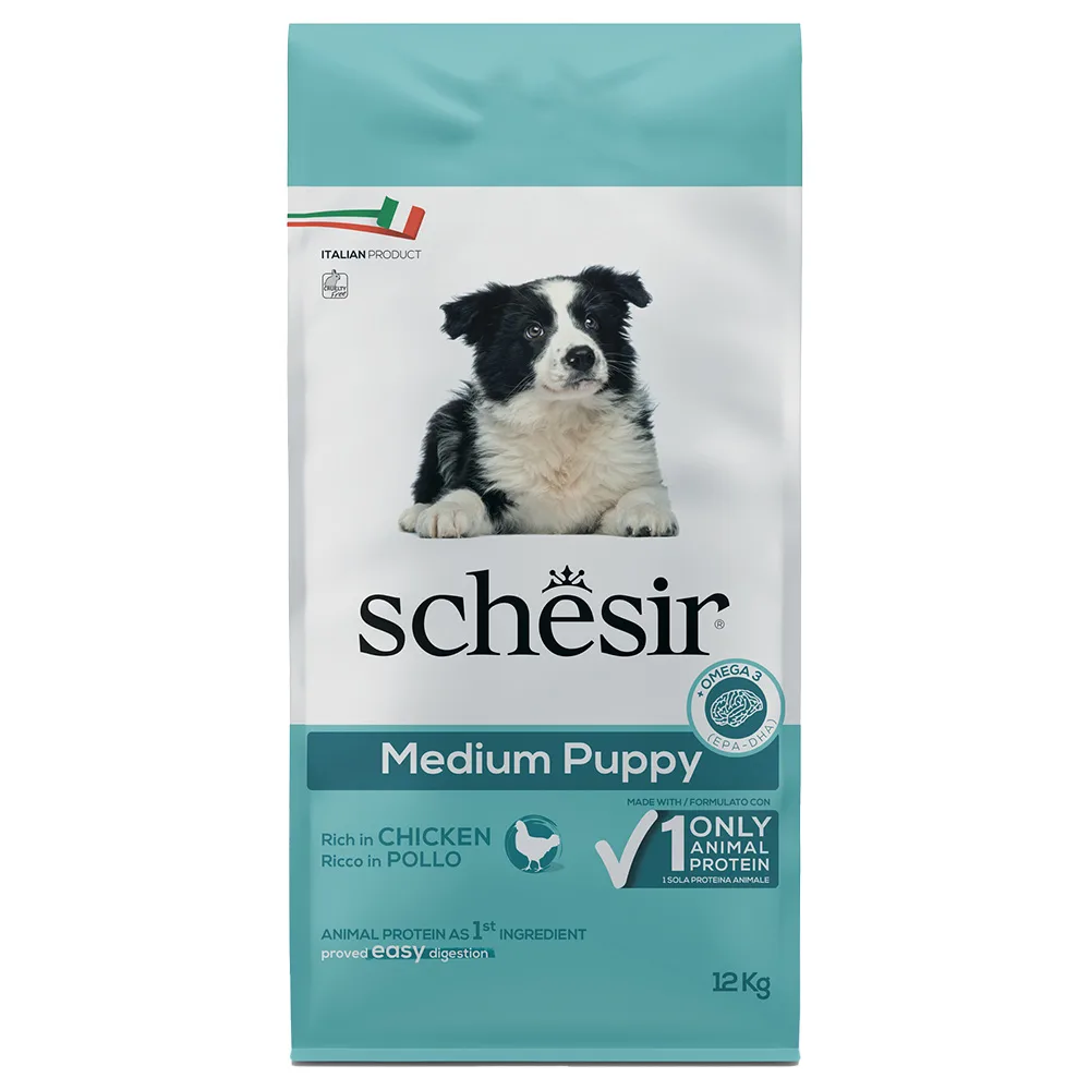 12kg Schesir Dog Dry Medium Puppy met kip droog hondenvoer de Schesir – photo produit