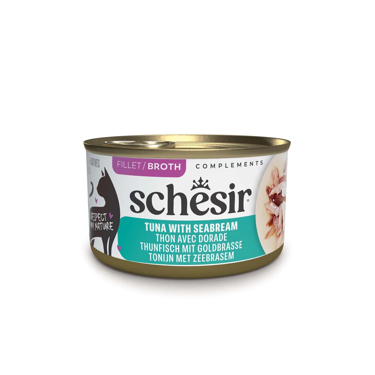 12x 70g Schesir Complements in Brühe Thunfisch mit Dorade Katzenfutter nass de Schesir – photo produit